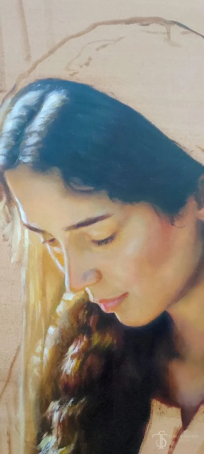Detalle del rostro de la Virgen en La Anunciación, pintura sobre lienzo en proceso de Tomás Santos.