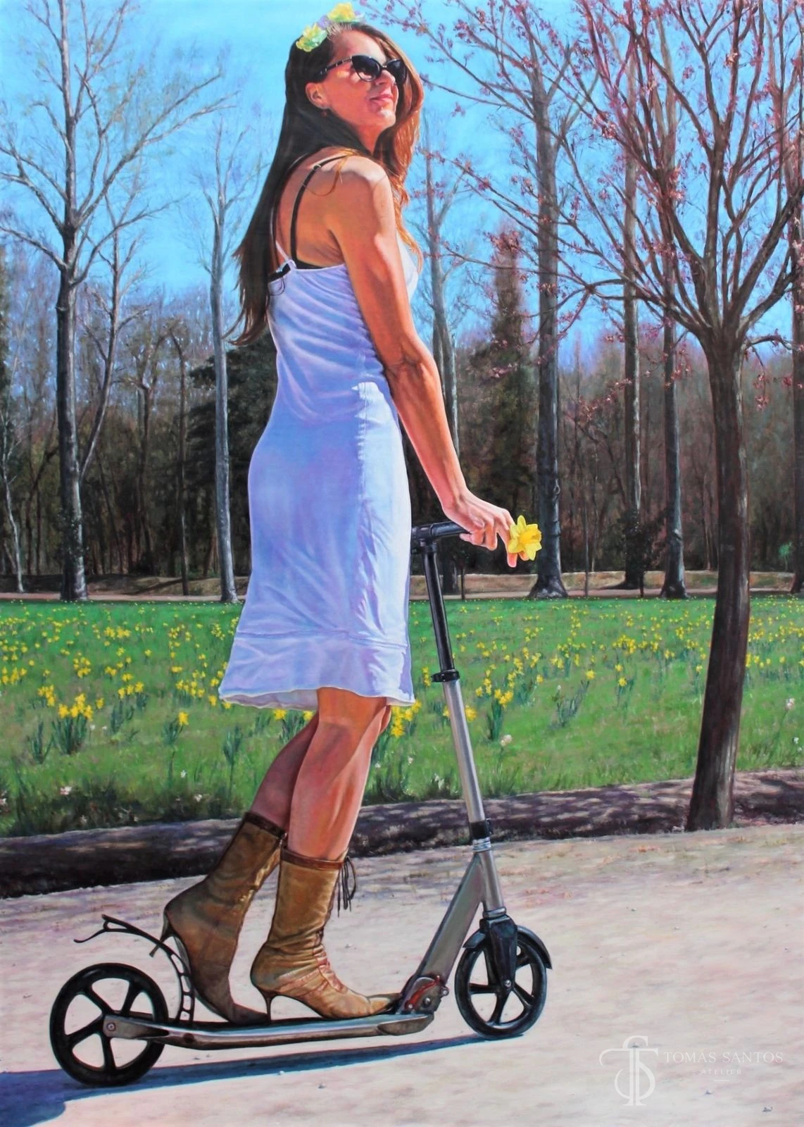 Flora y el anuncio de la primavera, de Tomás Santos Alcalá: figura femenina con un patinete entre árboles y flores.