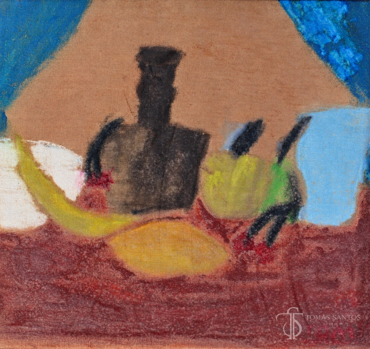 Primer cuadro de Tomás Santos, un bodegón pintado con témpera sobre tela a los siete años.